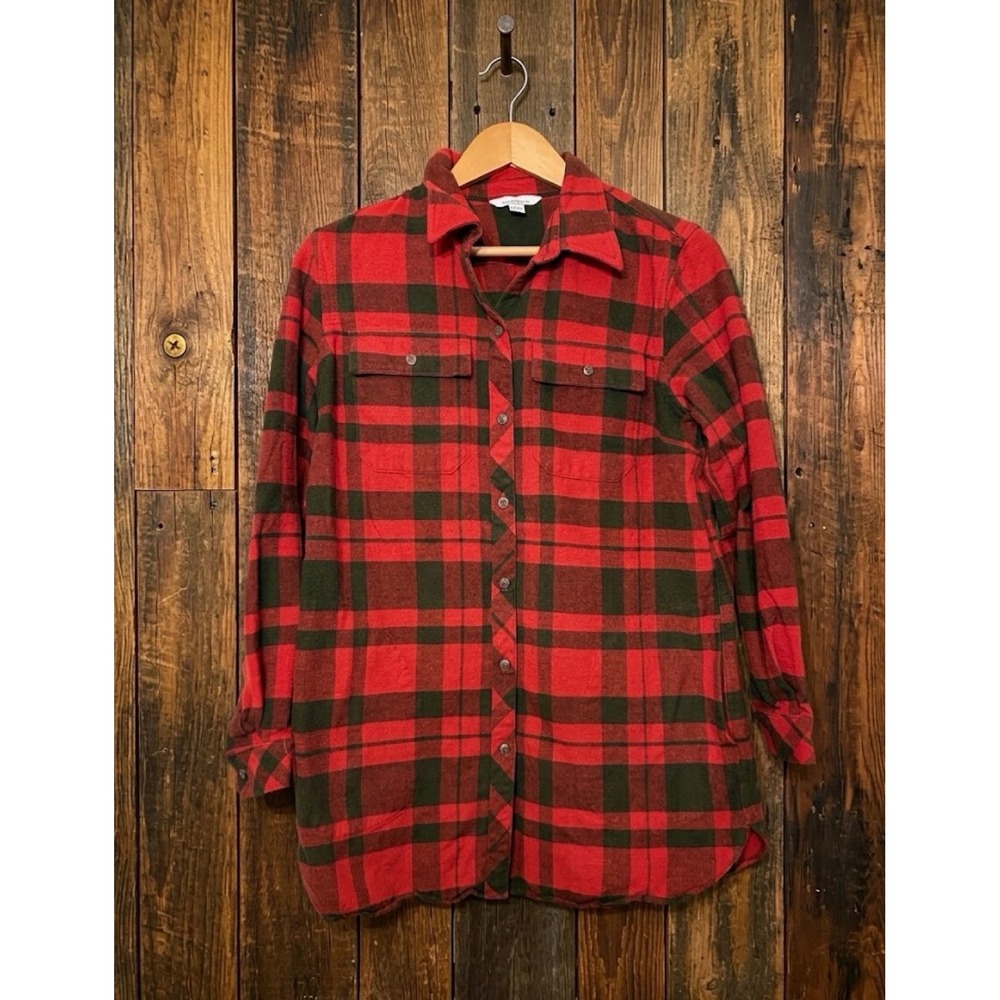 LL Bean Ladies Tunic Chamois Cloth Shirt Red Black Buffalo Plaid Pockets 502361